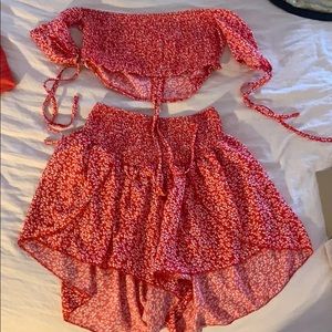 Plants Print Runched Drawstring Top and Shorts